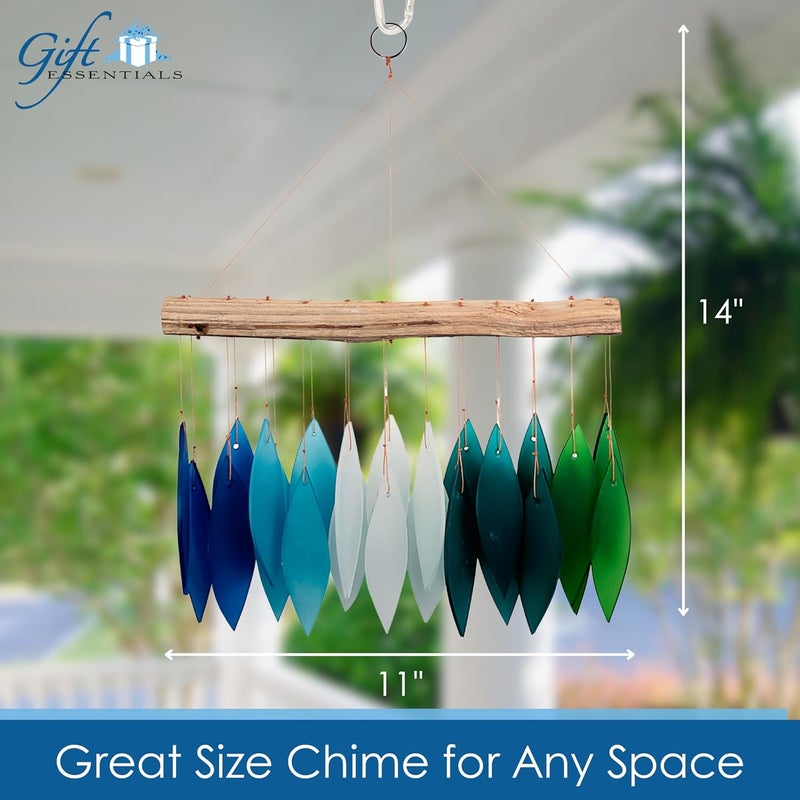 Gift Essentials Blue Handworks Gradient Ocean Waterfall & Driftwood Glass Leaves Chime - Sandblasted Glass and Found Wood Handcrafted Wind Chime - Image 4